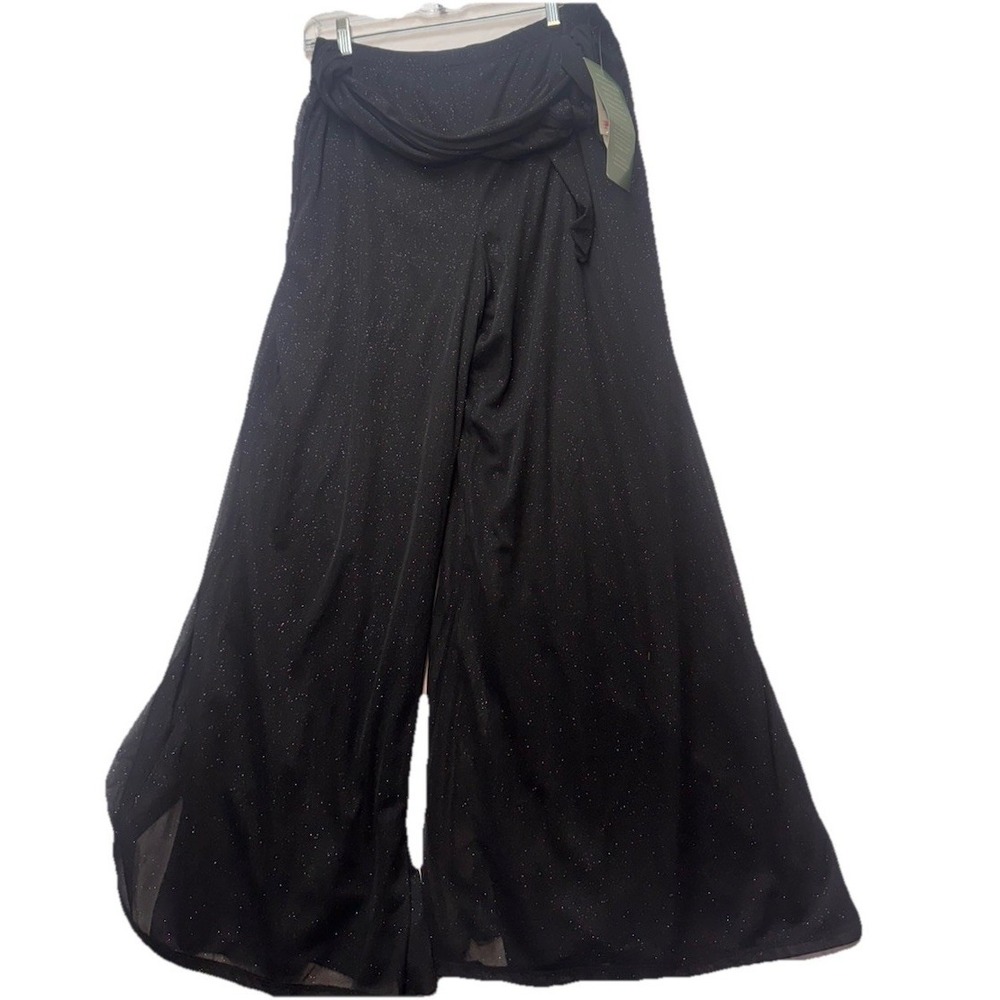 New Blu Sage Women's Black Chiffon Silver Glitter Wide Leg Belted Lined Pants L - Picture 2 of 8